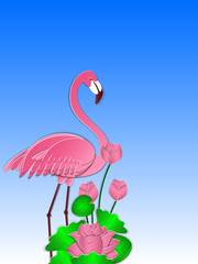 Pink flamingo and lotus flowers against the blue sky. Summer background, cover, banner, poster, template. 3d vector illustration. Paper cut out style.