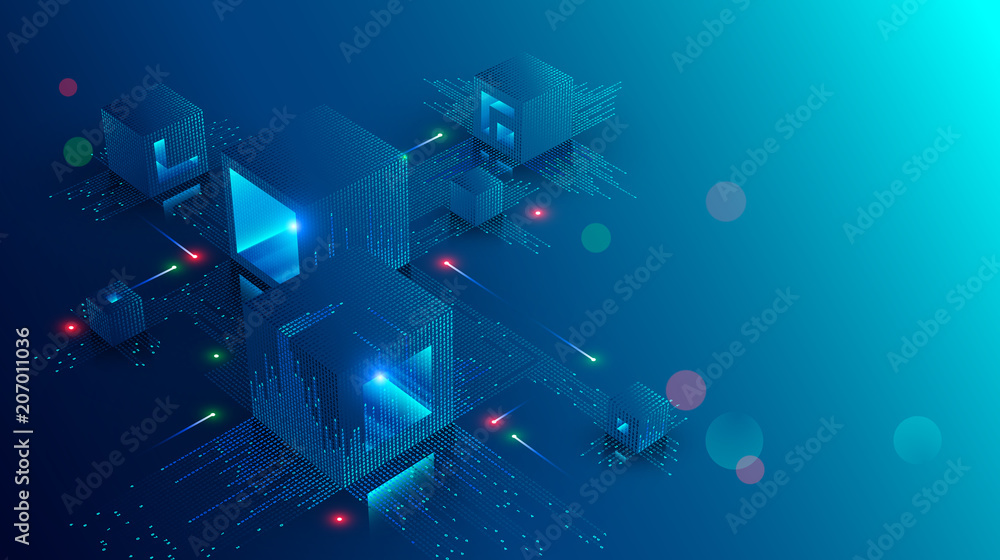 Poster Blockchain concept banner. Isometric digital blocks connection with each other and shapes crypto chain. Blocks or cubes, connection consists digits. Abstract technology background. Vector illustration