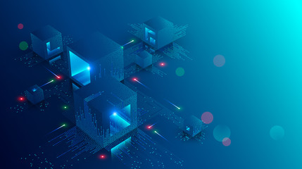 Blockchain concept banner. Isometric digital blocks connection with each other and shapes crypto chain. Blocks or cubes, connection consists digits. Abstract technology background. Vector illustration