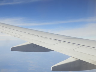 Fototapeta premium 飛行機の翼と青空