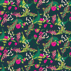 Fusion exotique jungle vertes juteuses motif palmier tropical. Fond d& 39 écran de toile de fond géométrique nature vectorielle continue. Éléments géométriques avec feuilles de palmier et texture vert banane et bleu foncé.