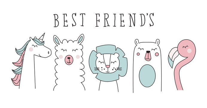unicorn, llama, lion, bear and flamingo, animal cartoon vector set illustration