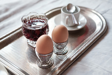 Breakfast in bed in hotel.