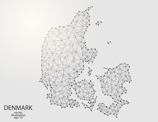 A map of Denmark consisting of 3D triangles, lines, points, and connections. Vector illustration of the EPS 10.