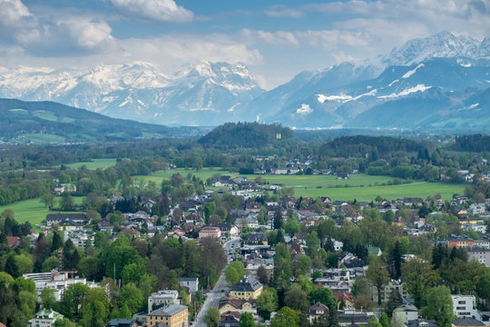 Aerial View Salzburg city background mountain