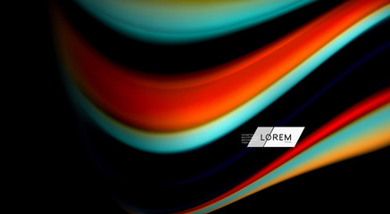 Fluid rainbow colors on black background, vector wave lines and swirls
