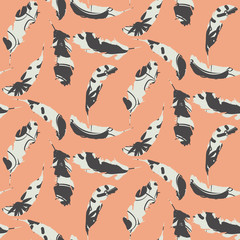 Eclectic exotic feather pattern. Seamless vector overlay effect salmon red wallpaper with textured stylized feathers.
