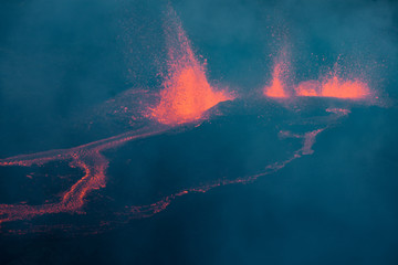 The Piton de la Fournaise volcano during an eruption in Reunion Island