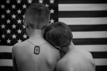 Fourth of July Flag Portrait with Brothers in Black & White