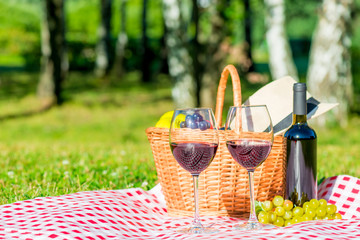 Grapes and wine, basket on a tablecloth in the park - objects for a picnic
