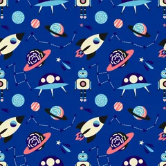Sierkussen Ruimte naadloze patroon vector achtergrond. Ruimteschip, planeten, raket, ster, ufo en komeet trendy kinderpatroonontwerp. Kinderachtige vector achtergrond. © LilaloveDesign
