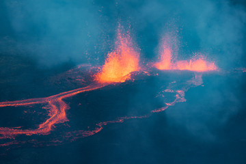 The Piton de la Fournaise volcano during an eruption in Reunion Island