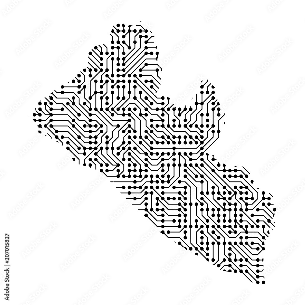 Poster abstract schematic map of liberia from the black printed board, chip and radio component. computer e