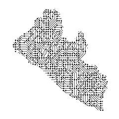 Abstract schematic map of Liberia from the black printed board, chip and radio component. Computer electronics processor motherboard. Vector illustration.