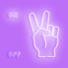 White neon sign showing the sign of victory. White neon hand on a lilac background. Glow turns off and turns on in layers. For animation. Vector illustration.