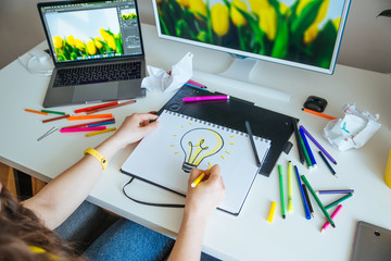 woman designer working at home. workplace. ideas