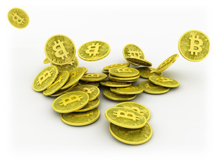 Falling bit coins on white background