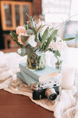 Stylish printing at the wedding ceremony, beautiful details and decor with flowers and rings....