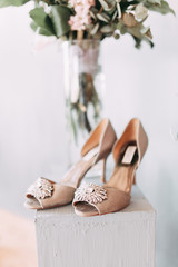 Stylish printing at the wedding ceremony, beautiful details and decor with flowers and rings....