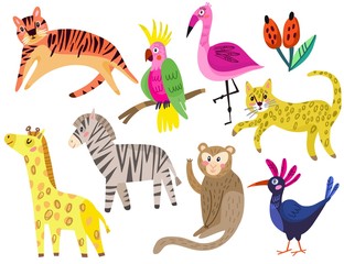 A set of cute tropical hand drawn animals in vector.