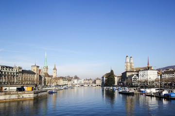 Swiss city and financial center Zurich at a winter morning