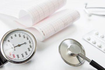 Medical manometer, cardiogram and stethoscope