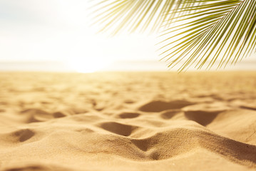 Sand with blurred Palm and tropical beach bokeh background, Summer vacation and travel concept. Copy space