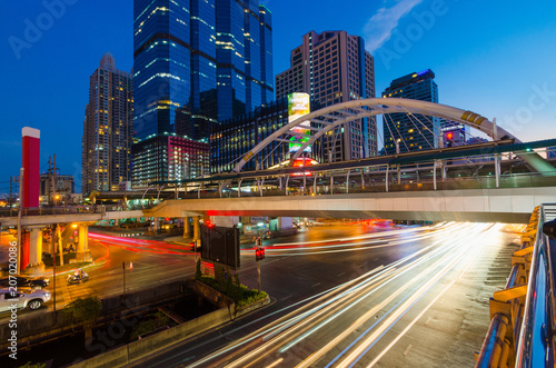 Night Cityscape Of Modern Building Long Exposure Traffic On