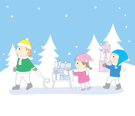 Cartoon cute Christmas day, The children are bringing presents on the cart to the home vector.