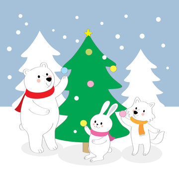 Cartoon cute Polar bears, rabbit, snow fox are decorating Christmas trees vector.