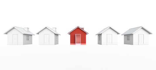 Red house in real estate property image and housing development or community. Isolated on white background with clipping path. House 3d render.