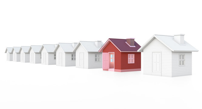 Red house in real estate property image and housing development or community. Isolated on white background with clipping path. House 3d render.