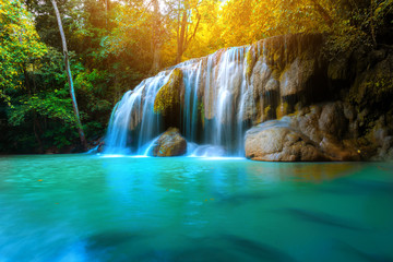 Deep forest Waterfall in Kanchanaburi province, Thailand.
