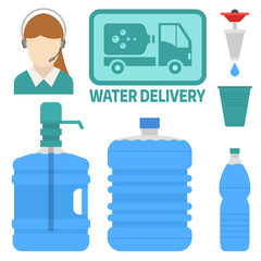 Water delivery vector elements drink bottle plastic blue container business service.