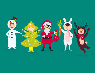 Obraz na płótnie Canvas Cute kids wearing Christmas costumes vector characters little people isolated cheerful children holidays illustration