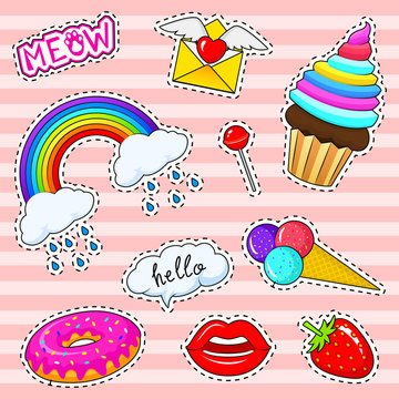 Set of girls fashion cute patches, fun stickers, badges and pins. Collection different elements. rainbow capkake lips ice cream donut meow strawberries for Princess. Vector trendy illustration.
