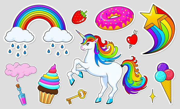 Set of girls fashion cute patches, fun stickers, badges and pins. Collection different elements. Unicorn lips and ponies, rainbow and sweets for Princess. Vector trendy illustration.
