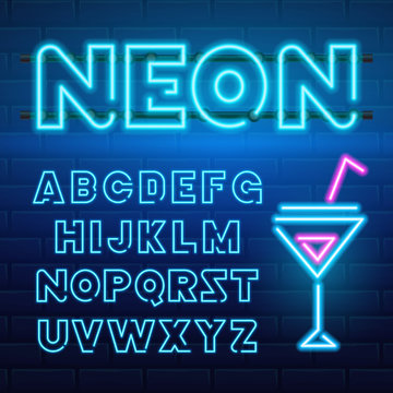 80 s blue neon retro font. Futuristic chrome letters. Bright Alphabet on dark background. Light Symbols Sign for night show in club. concept of galaxy space. Set of types. Outlined version.