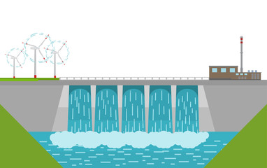 Vector illustration. Hydropower dam and windmills.