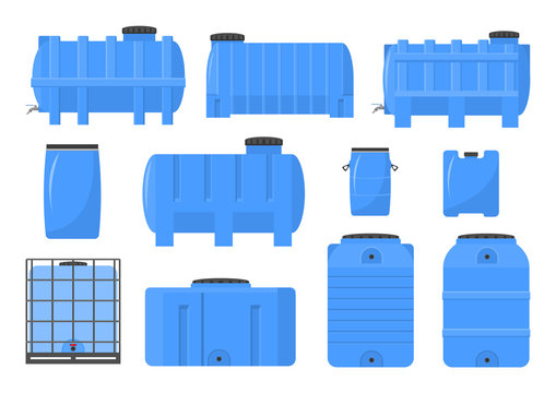 Vector illustration. Set of plastic barrels for water.
