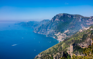 Aerial view of Positano town and Amalfi coast  from hiking trail 