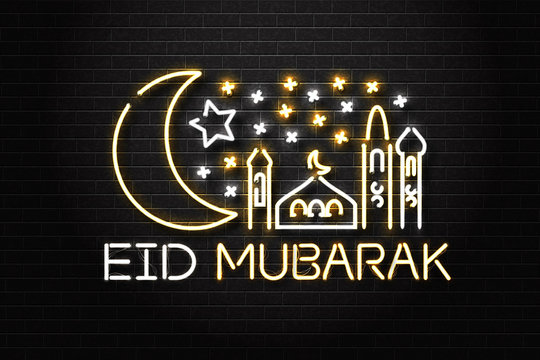 Vector realistic isolated neon sign of Eid Mubarak logo for decoration and covering on the wall background. Concept of Happy Eid Mubarak celebration.