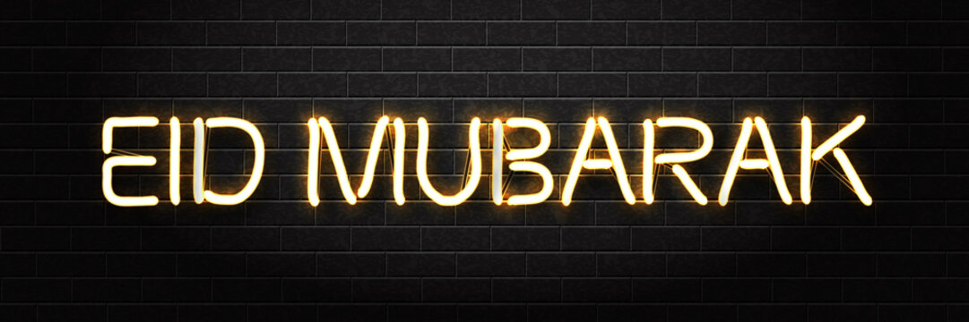 Vector realistic isolated neon sign of Eid Mubarak logo calligraphy for decoration and covering on the wall background. Concept of Happy Eid Mubarak celebration.