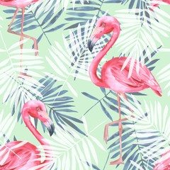 Tropical seamless pattern with flamingos and palm leaves. Watercolor illustration