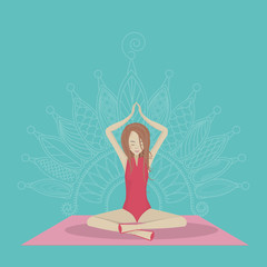 A girl is doing meditation, sitting on the floor in a lotus pose.