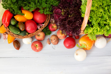 Farm seasonal vegetables in basket. Top View.