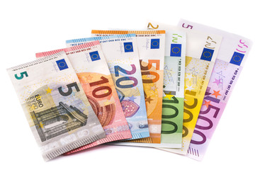 Euro banknotes isolated on white background. The currency of the European Union