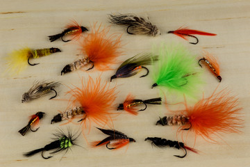 Trout Reservoir Lures on a Wooden Background