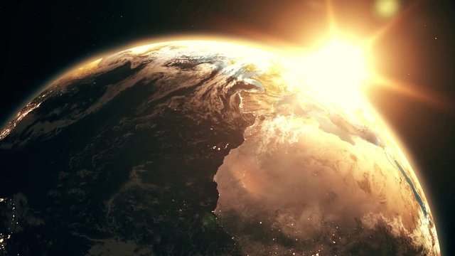 Highly detailed realistic epic sunrise over planet Earth. Europe night city skyline view from space. Globe lits up on morning from the Sun. 3D rendering animation using satellite imagery (NASA) in 4K