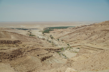 Scenic view of mountains, canyon and valley. Nature and travel. Tunisia, near Tamerza, close to the border with Algeria